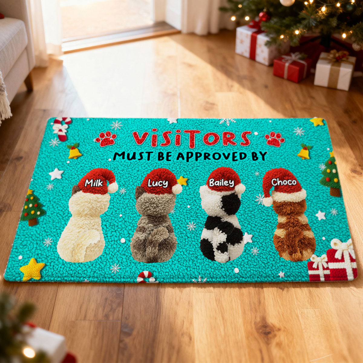 Visitors Must be Approved by Cats - Personalized Doormat - Funny Cats Latch Hook Yarn Faux - Christmas Decor for Pet Lovers