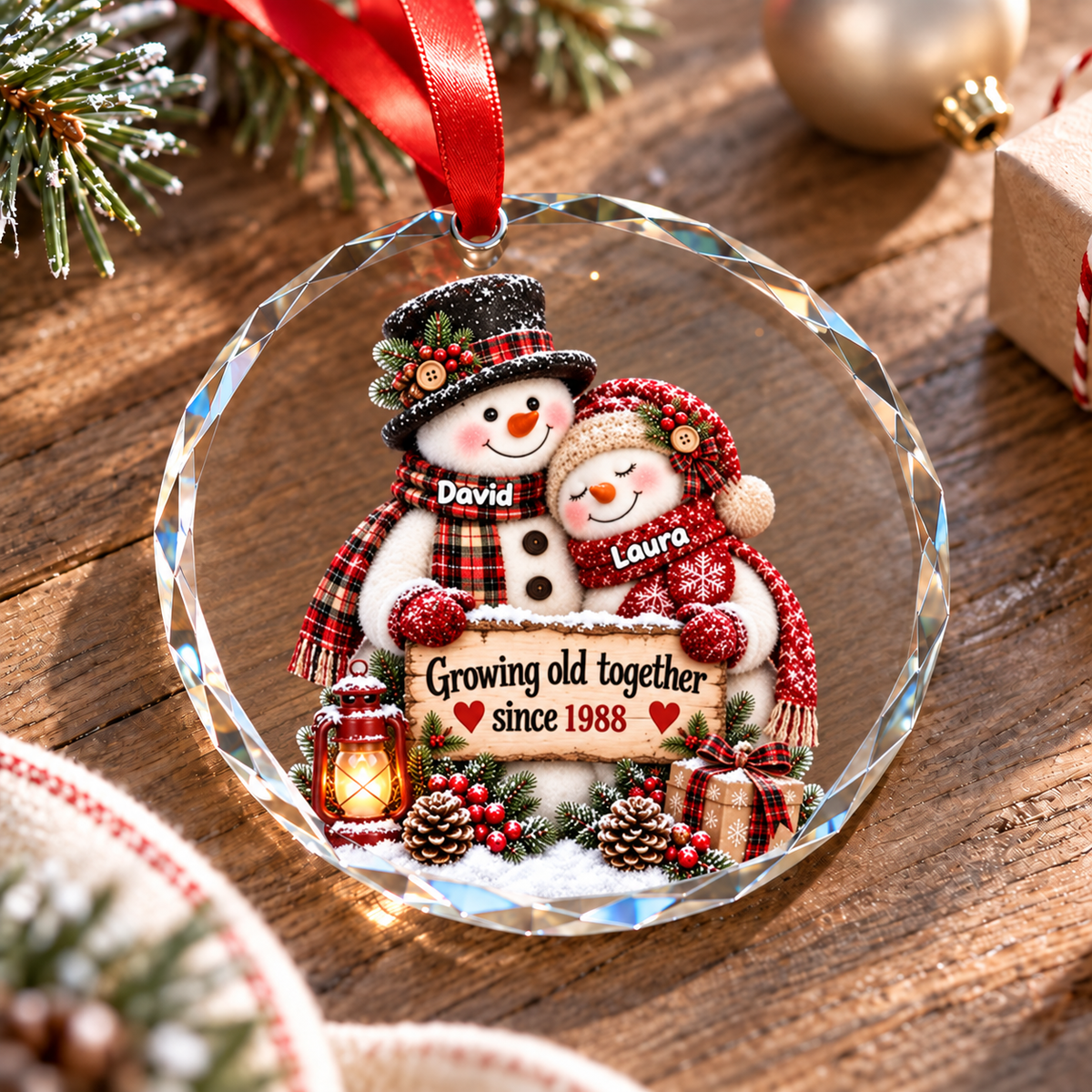 Snowman Couple Hugging Growing Old Together - Personalized Glass Ornament - Heartfelt Christmas Gift for Her, for Him