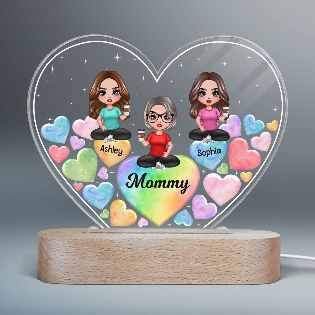 Mother And Daughters Hearts In Heart Personalized Heart Acrylic LED Night Light
