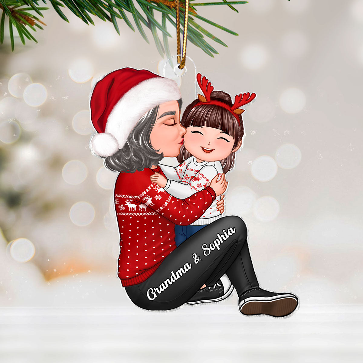 Christmas Grandma Kissing Grandkid - Personalized Acrylic Ornament - Heartwarming Gift For Granddaughter Grandson