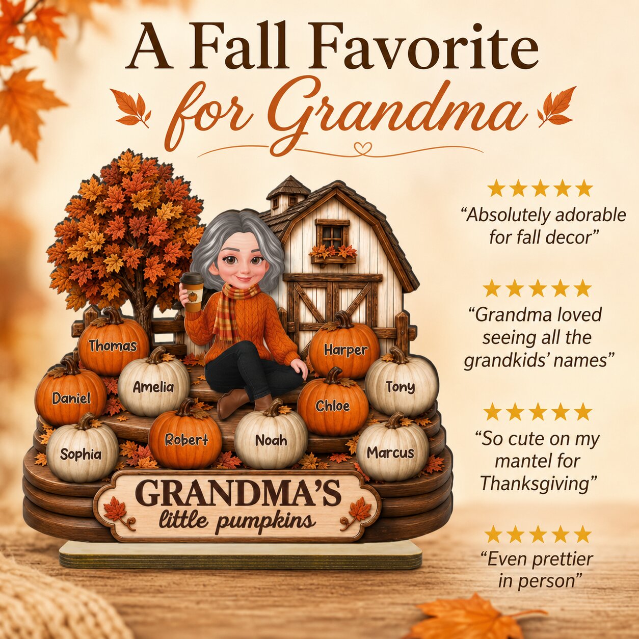 Fall Season Cozy Warm Farmhouse Style Grandma's Little Pumpkins - Personalized 2-Layered Wooden Plaque - Fall Decor For Grandma