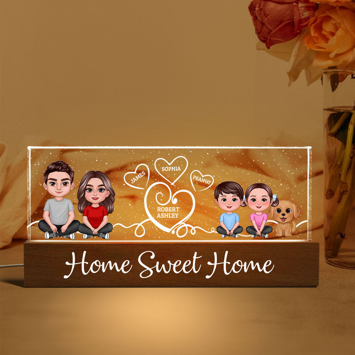 Home Sweet Home Cute Family Sitting Crossed Legs Personalized Acrylic Block LED Night Light,  Gift For Her, Gift For Him