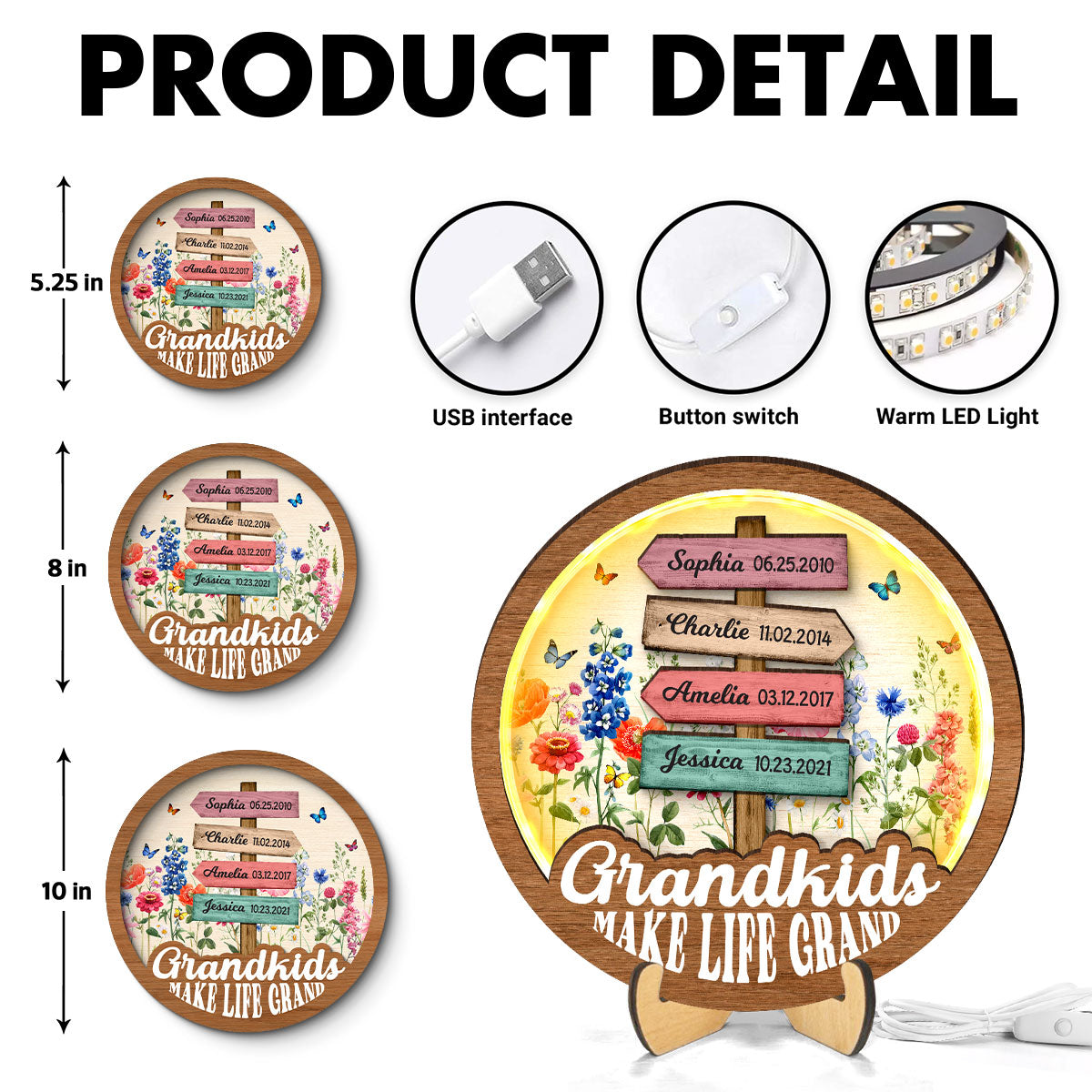 Grandma Flower Garden Grandkids Names Sign Personalized 3-Layer Wooden Plaque With LED, Gift for Mom, for Grandma