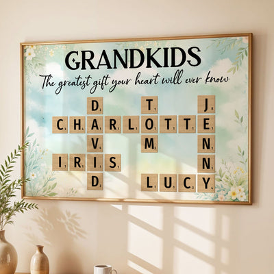Floral Wooden Texture Grandkids Greatest Gift Crossword Puzzle Personalized Poster, Gift For Grandma