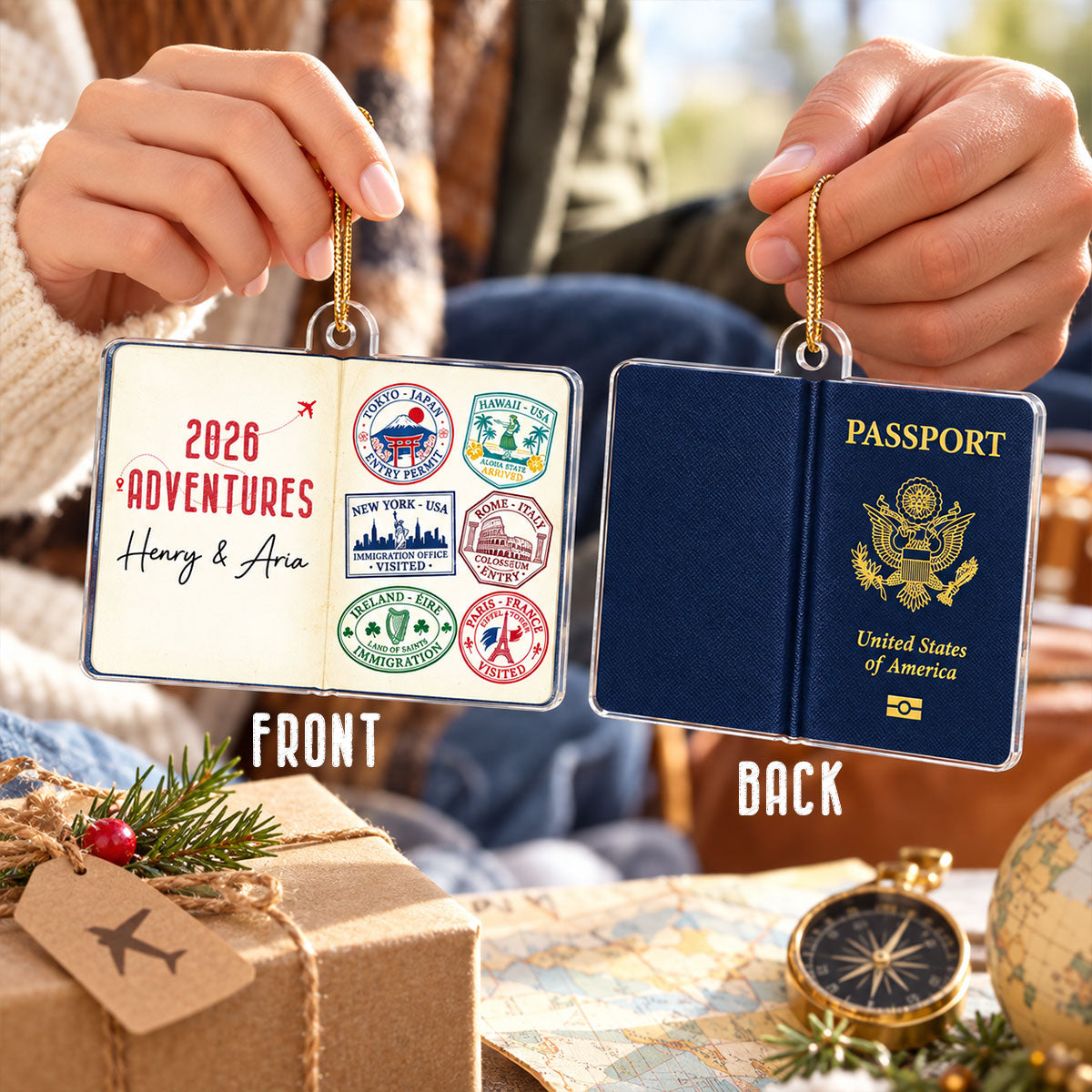 Travel Passport Stamps - Personalized Acrylic Ornament - Custom Adventure Keepsake Gift for Couples & Travelers