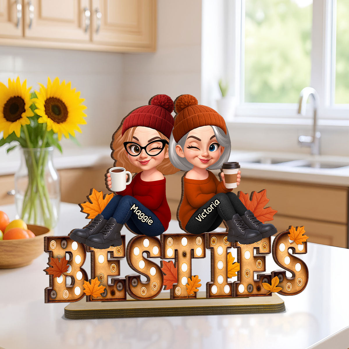 Fall Besties Sitting On Text Marquee Effect Personalized Standing Wooden Plaque, Meaningful Gift For Best Friends