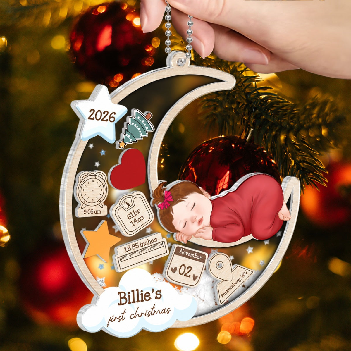 Baby Sleeping On Moon First Christmas Personalized 4D Shaker Ornament, Custom Newborn Gift