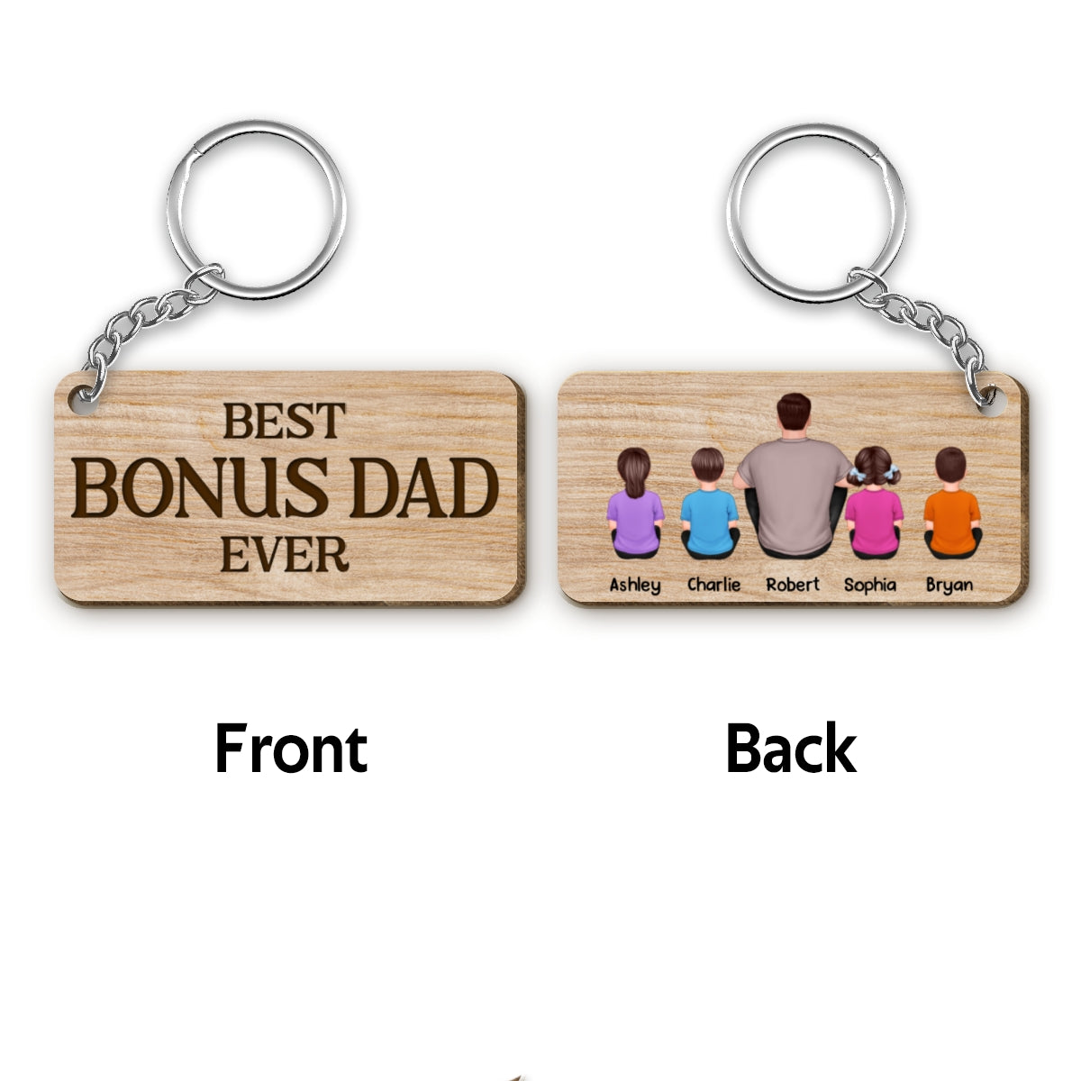 Bonus Dad Back View Man Kids Dog Cat Personalized Wooden Keychain