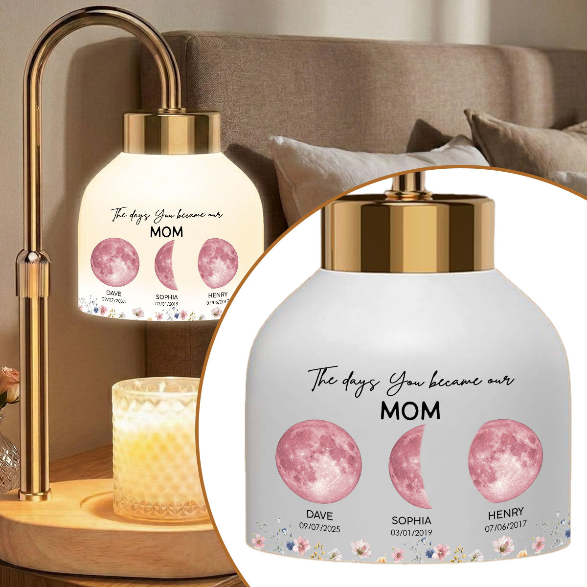 The Days You Became Our Mom Grandma Custom Pink Moon Phase By Date - Personalized Candle Warmer Lamp