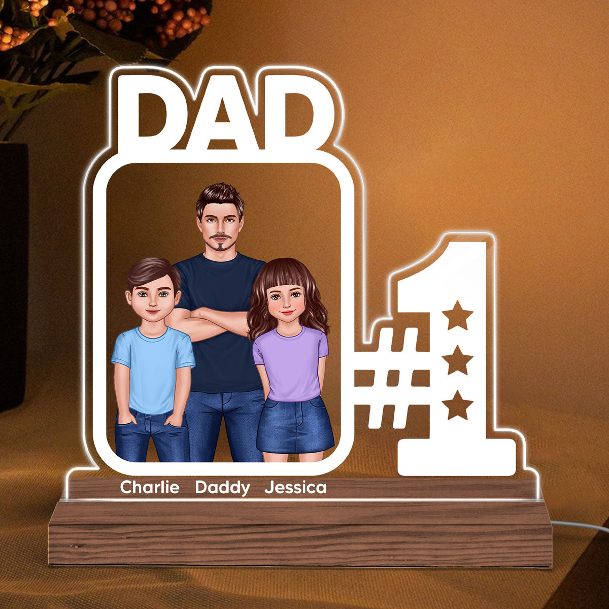 No 1 Dad And Kids Standing Personalized Custom Shape Warm LED Night Light