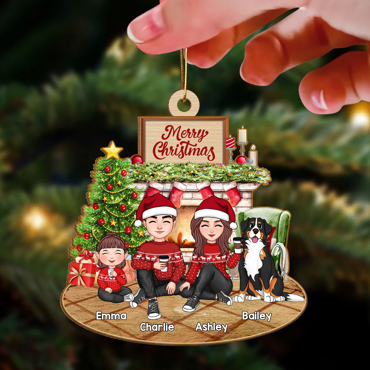 Cute Family Dad Mom Kids Dogs Cats Sitting At Fireplace - Personalized Ornament
