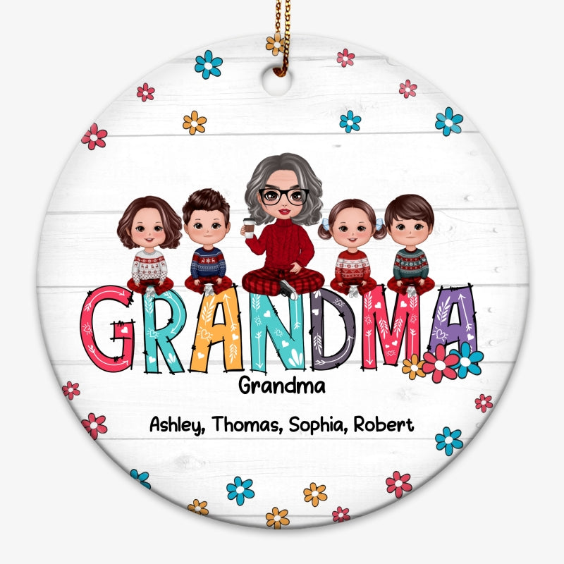 Flower Grandma Sitting With Grandkids Personalized Christmas Circle Ornament
