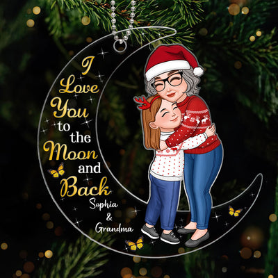 Grandma & Granddaughter Grandson Hugging On Moon Personalized Acrylic Ornament