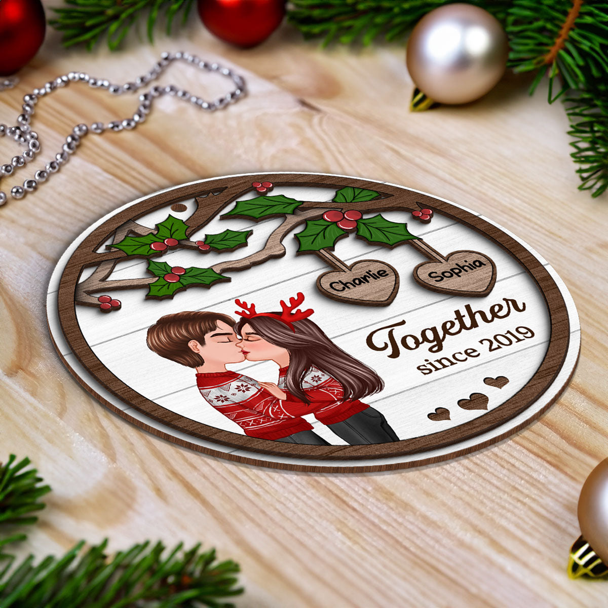 Couple Kissing Under Mistletoe Personalized 2-Layer Wooden Ornament, Christmas Gift For Him, For Her