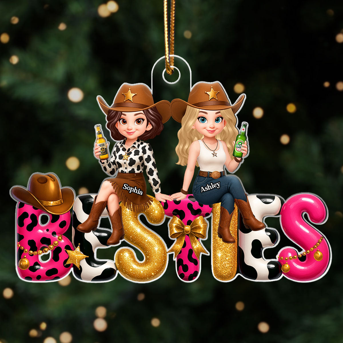 Western Besties Sitting under the Christmas Tree Personalized Acrylic Ornament - Gift for Best Friends
