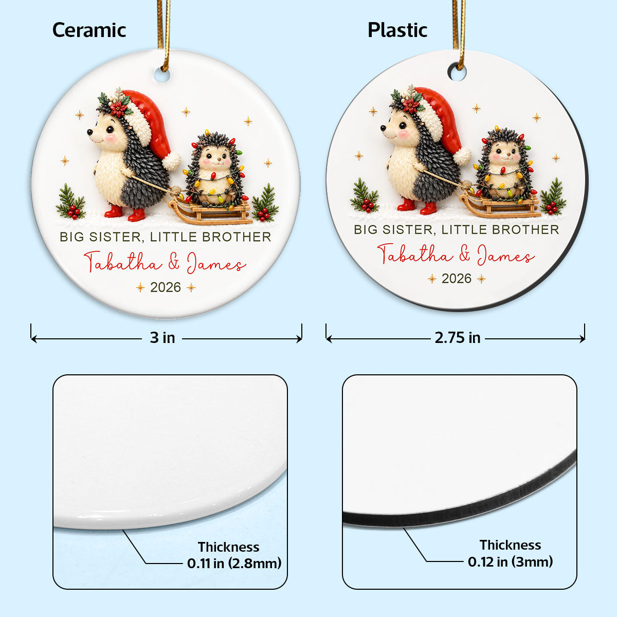 Big Sister Little Brother Sister Hedgehog 2D Flat - Personalized Ceramic Ornament - Christmas Keepsake