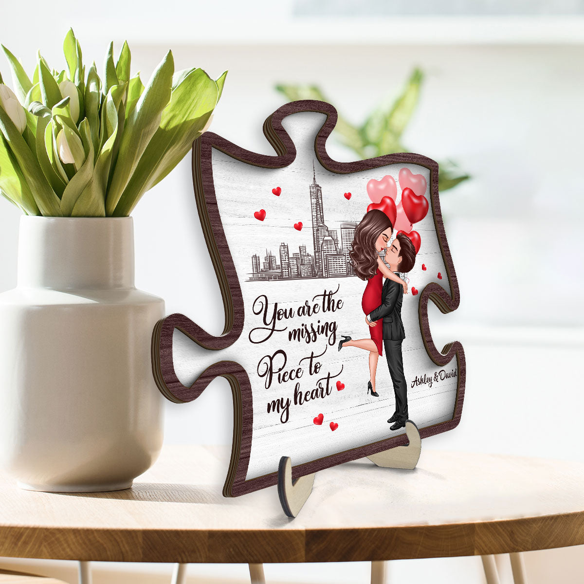The Missing Piece To My Heart Hugging Couple Personalized 2-Layer Wooden Plaque