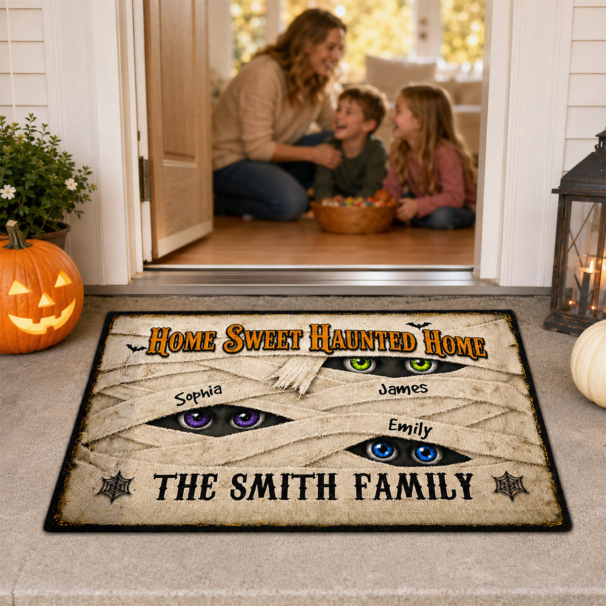 Mummy Family Peeking Eyes 2D Flat - Personalized Doormat - Funny Halloween Family Decoration