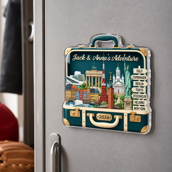 Custom Travel Adventure Suitcase 2D Flat Printed - Personalized Acrylic Fridge Magnet - Traveling Destination Keepsake, Christmas Gift For Traveling Lovers