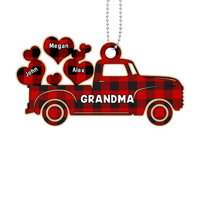 Grandma Red Truck Grandkids Sweetheart Christmas Personalized Wooden Ornament