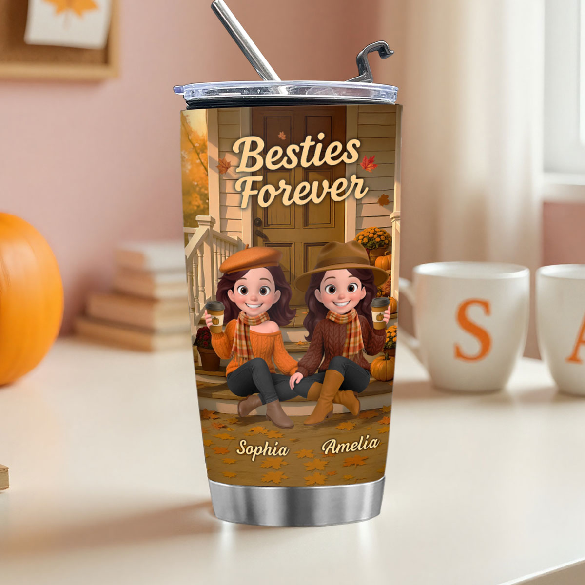 Fall Vibe Besties Sitting On Cozy Theme Front Porch Personalized Tumbler