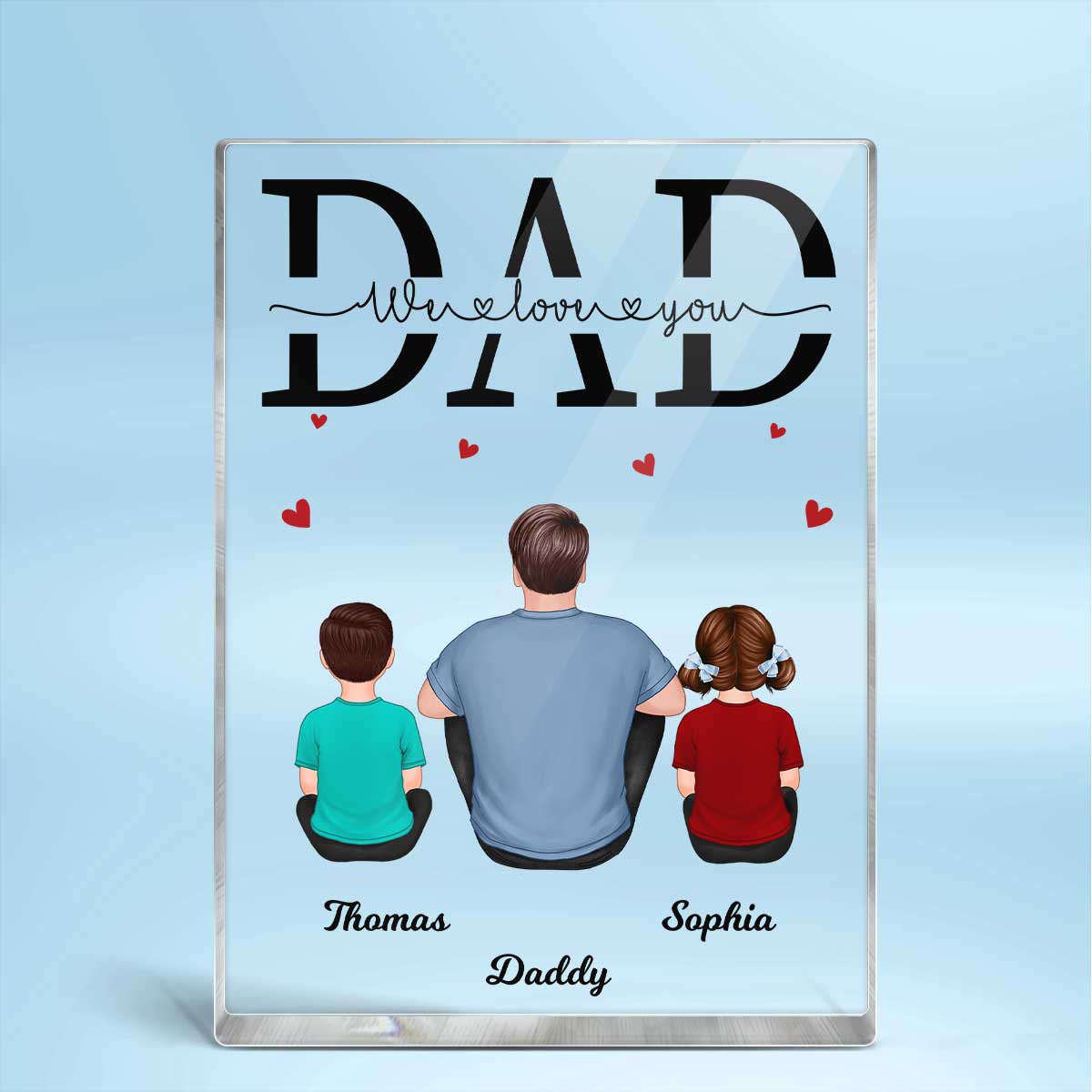 Back View Dad And Kids Dogs Cats Sitting Father‘s Day Gift Personalized Vertical Acrylic Block Plaque