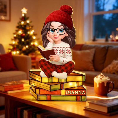 3D Stained Glass Effect Christmas Cozy Vibe Pretty Girl Reading Book - Personalized Light Box