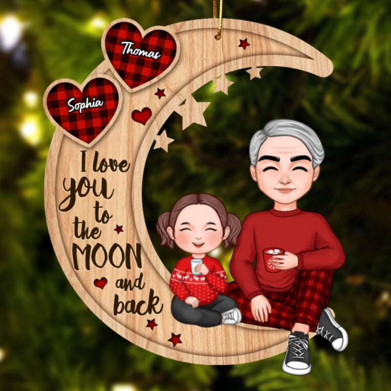 Checkered Pattern Heart Cute Grandma & Grandkid Sitting On Moon Personalized Wooden Ornament