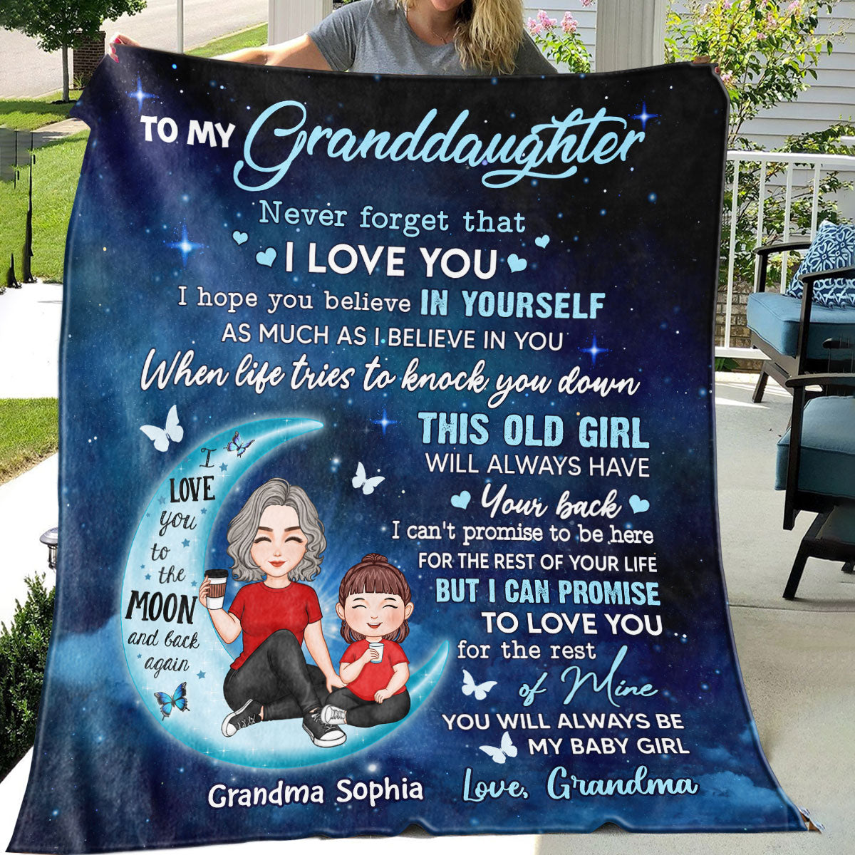 Grandma & Grandkid On Moon To My Granddaughter Grandson Personalized Fleece Blanket
