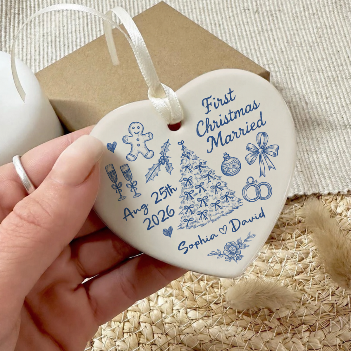 First Christmas Married Toile De Jouy Pattern - Personalized Ceramic Ornament - Christmas Gift For Him, For Her, For Couple