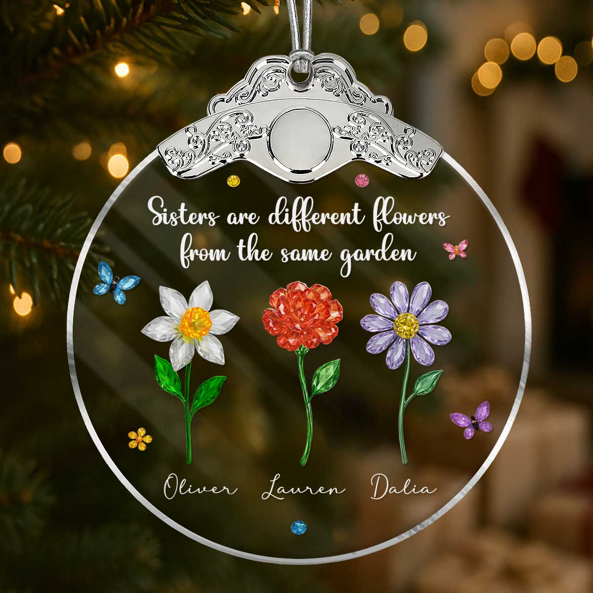 Sisters Are Different Flowers from the Same Garden - Personalized Glass Ornament With Silver Cap - 3D Crystal Effect, Thoughtful Christmas Gift for Sisters