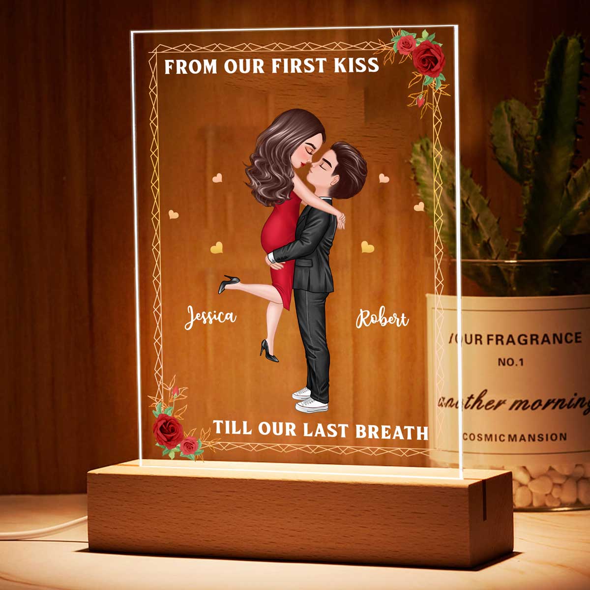 Hugging Couple From Our First Kiss Couple Personalized Rectangle Acrylic LED Night Light LED Lamp