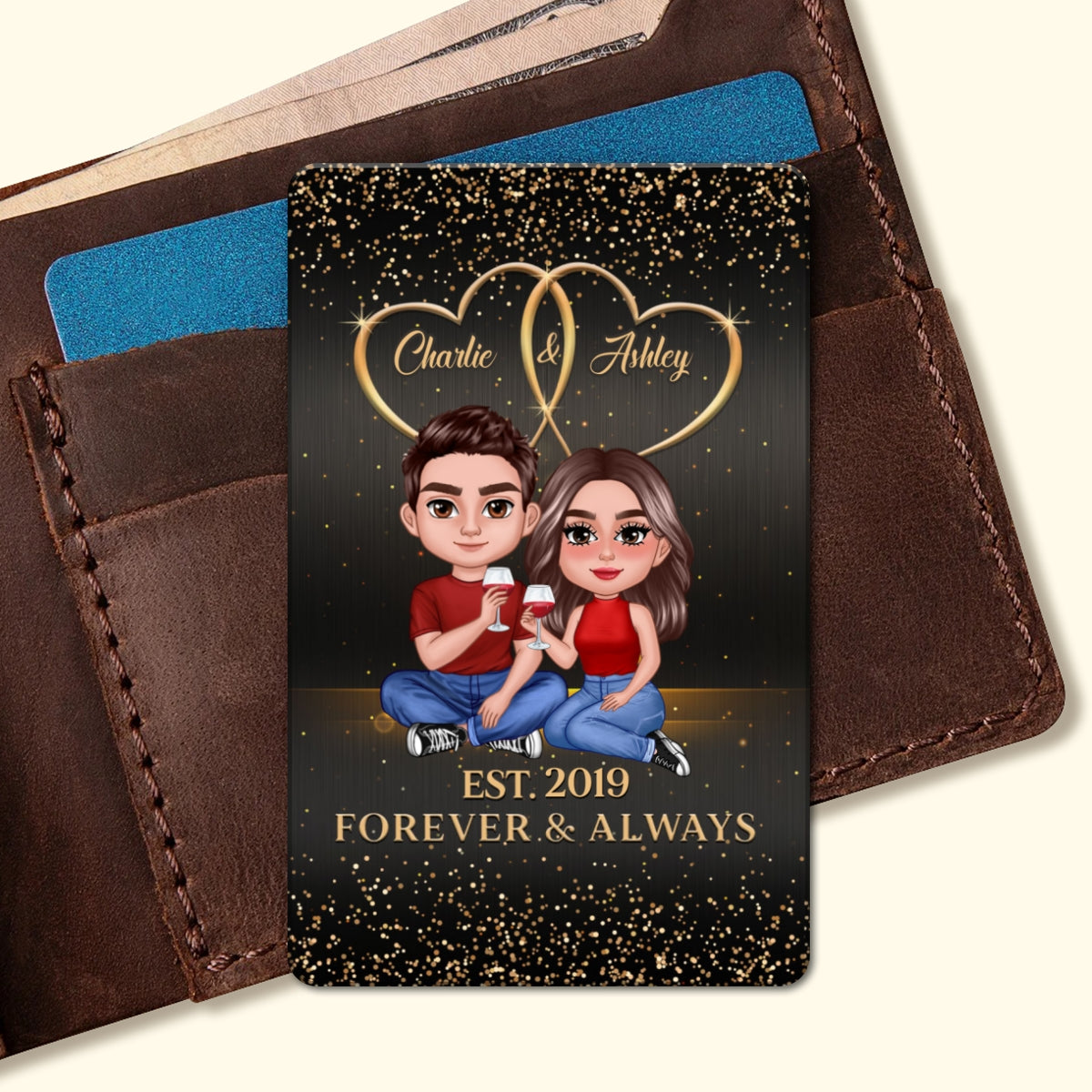 Doll Couple Sitting Galaxy Personalized Metal Wallet Card