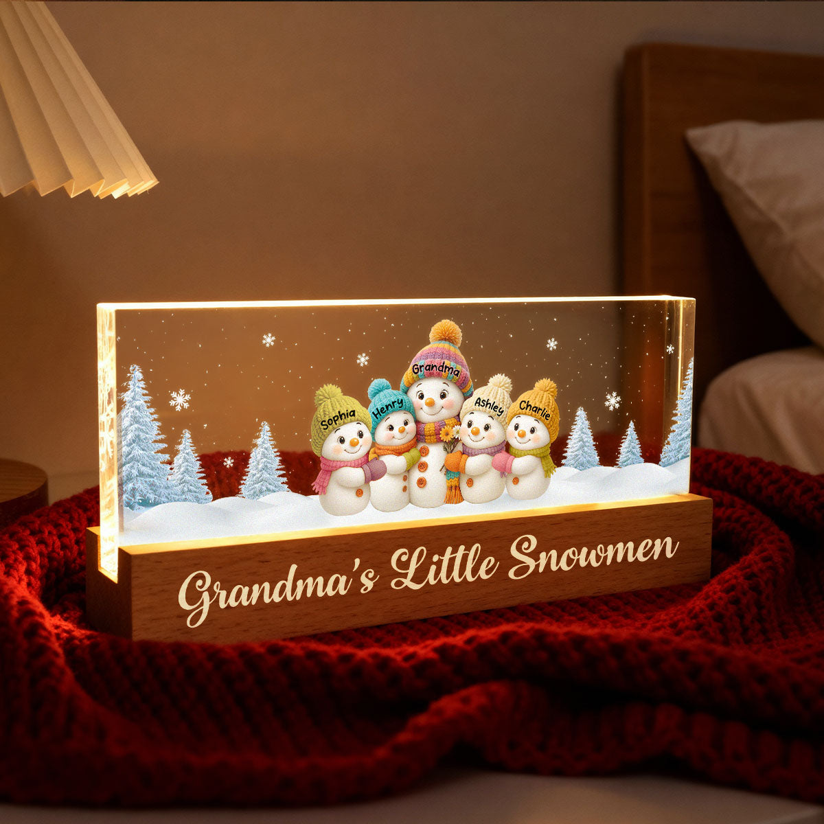 Grandma Snow Angels Snowman - Personalized Block LED Night Light - Christmas Gift for Grandmas