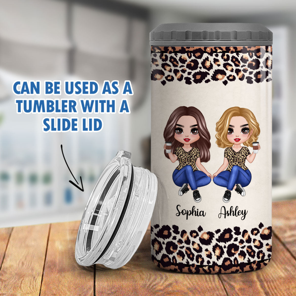 Half Leopard Besties Sisters Personalized 4 In 1 Can Cooler