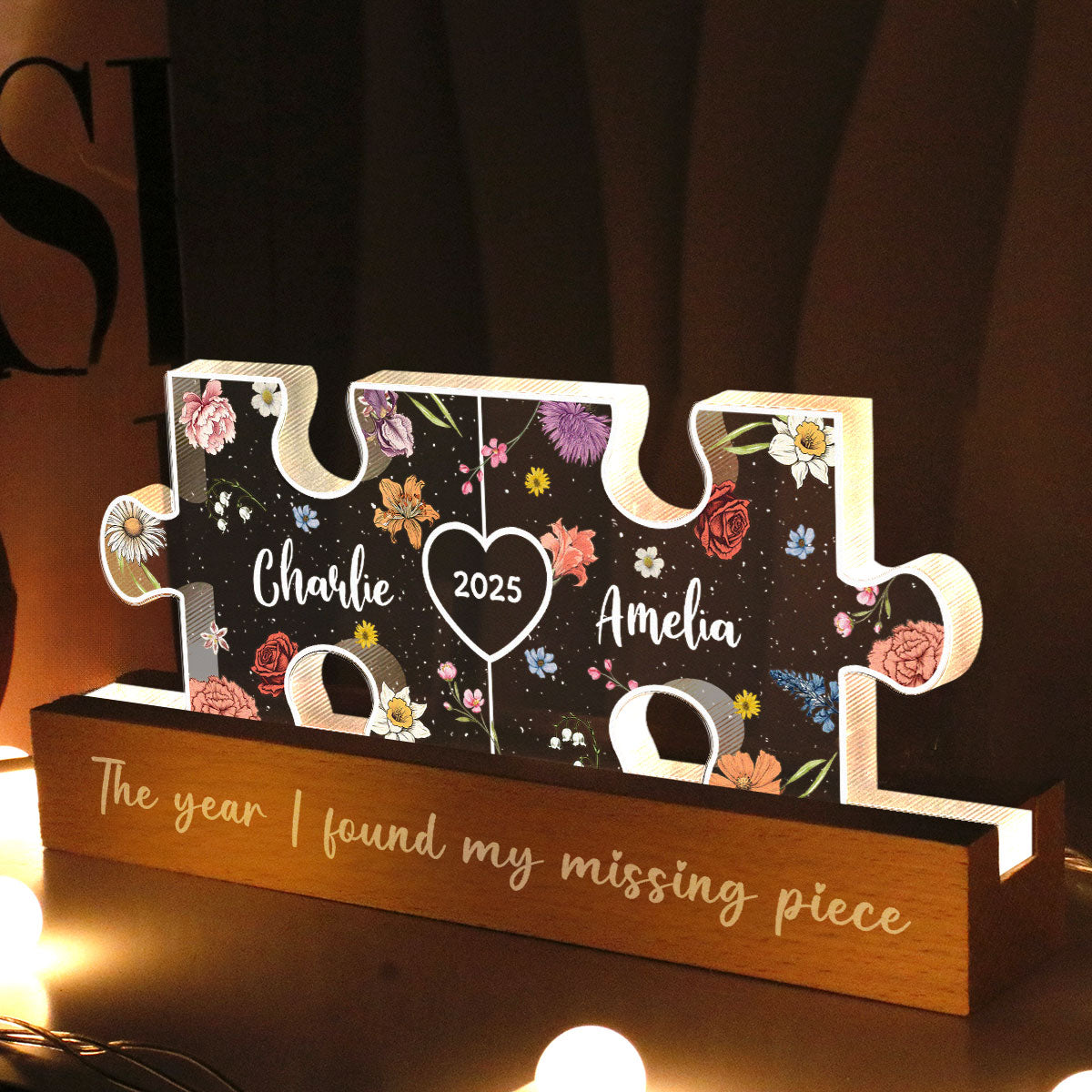 You Are My Missing Piece Couple Initials Floral Theme Personalized Acrylic LED Night Light, Heartfelt 2025  Gift, Anniversary Gift For Her, For Girlfriend, For Wife