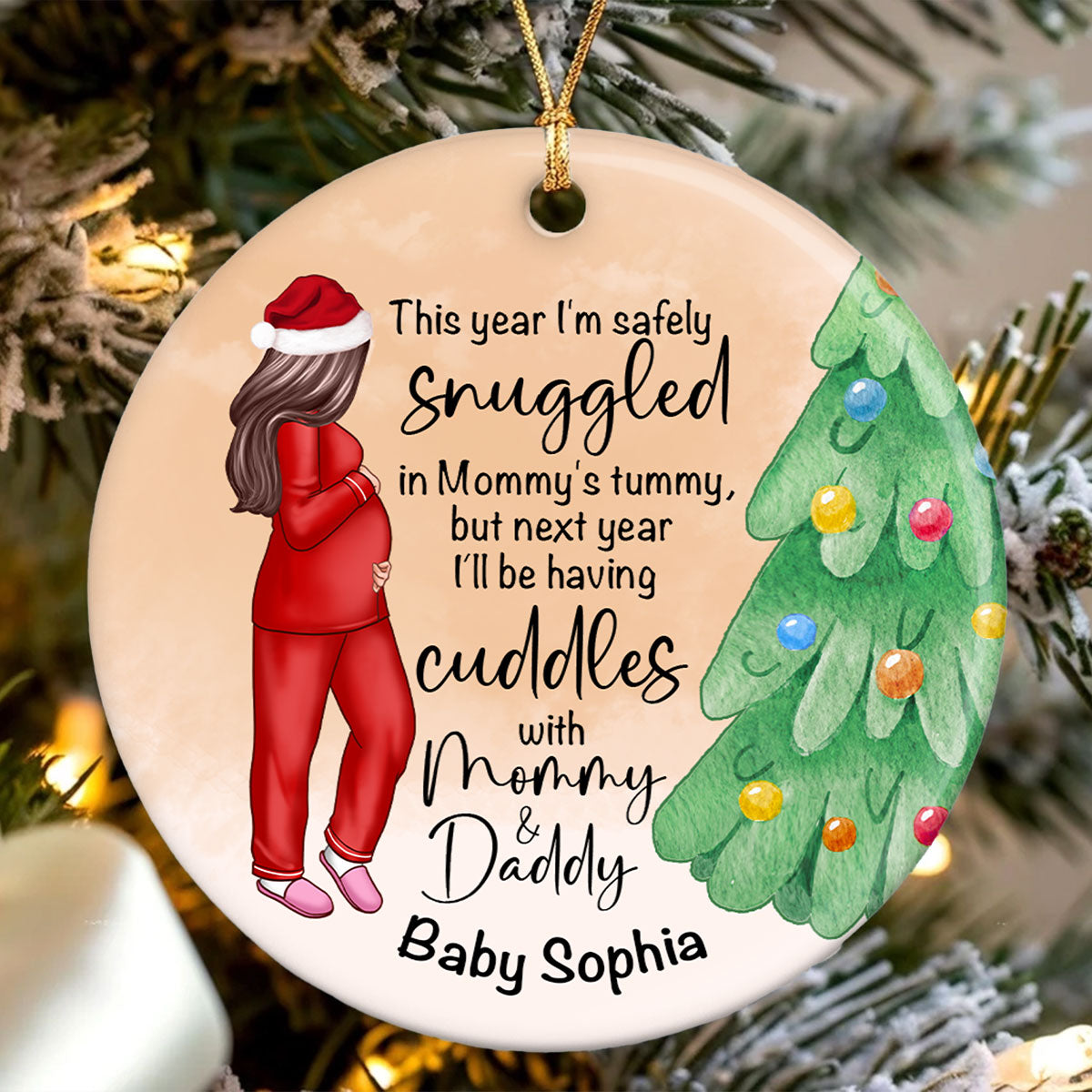 Bump Christmas, Pregnant Ornament, Snuggled in Mommy's Tummy, Personalized Circle Ceramic Ormament