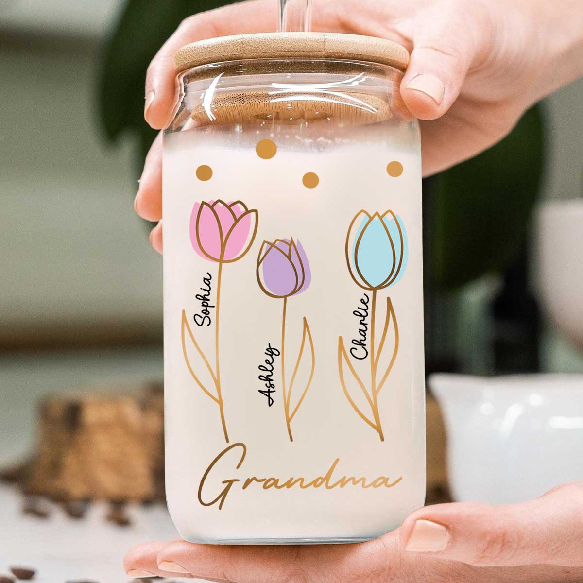 Grandma Mom Auntie Tulip Flowers Kids Names Personalized Clear Glass Can