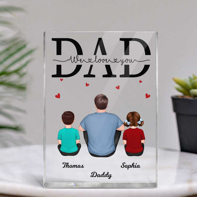 Back View Dad And Kids Dogs Cats Sitting Father‘s Day Gift Personalized Vertical Acrylic Block Plaque