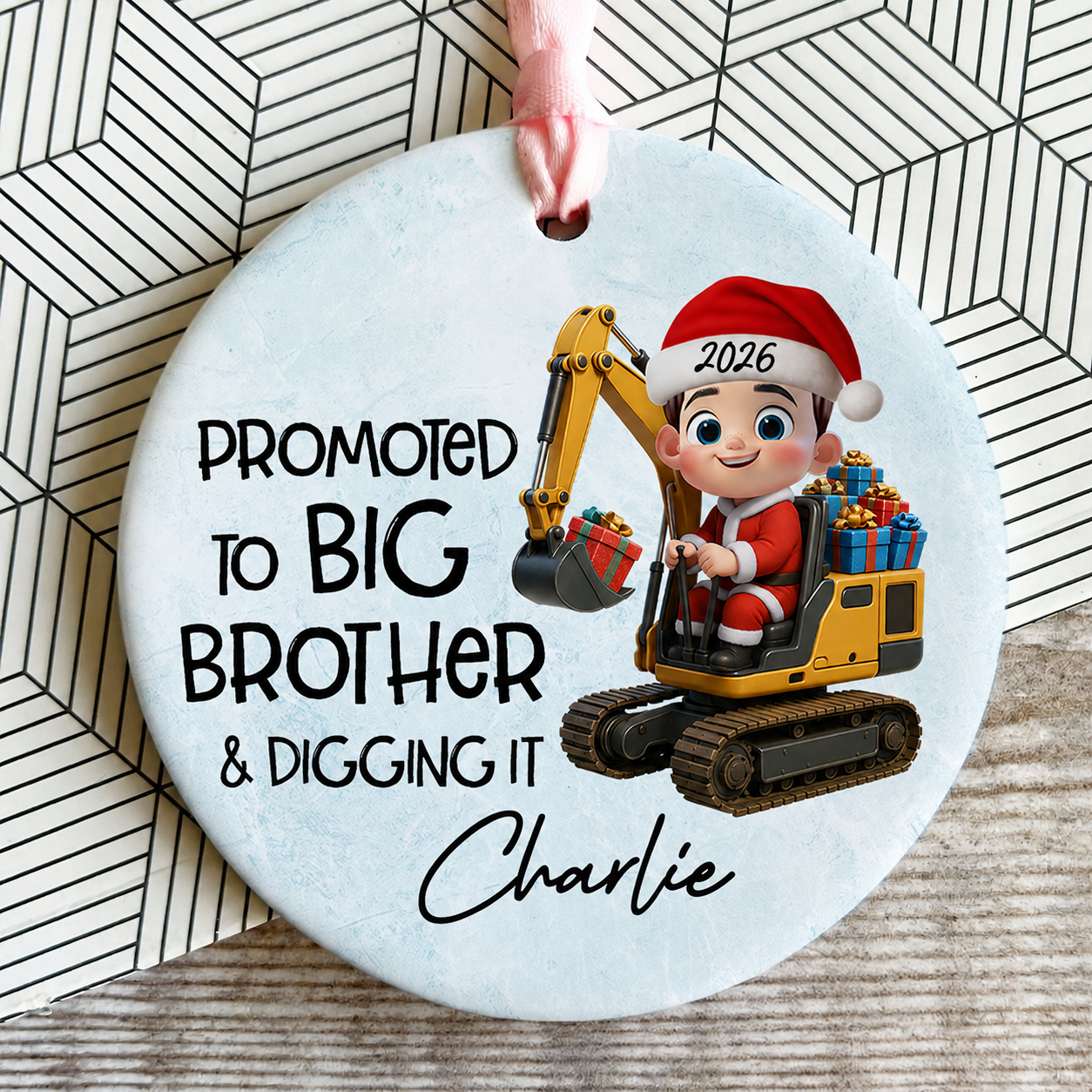 Promoted To Big Brother & Digging It Kid Driving Excavator - Personalized Ceramic Ornament - Proud New Big Brother Gift