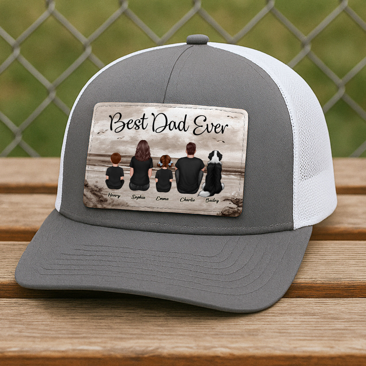 Family Sitting Retro Vintage Beach Landscape Personalized Leather Patch Hat, Gift For Dad