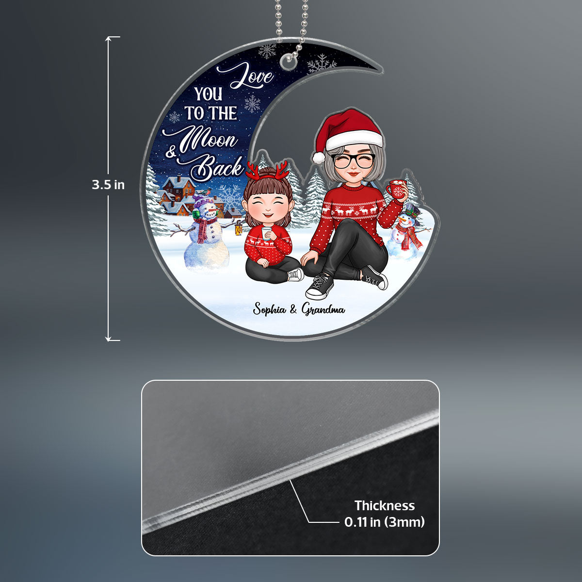 Love To The Moon Christmas Night Landscape Cute Grandma & Grandkid Personalized Acrylic Ornament