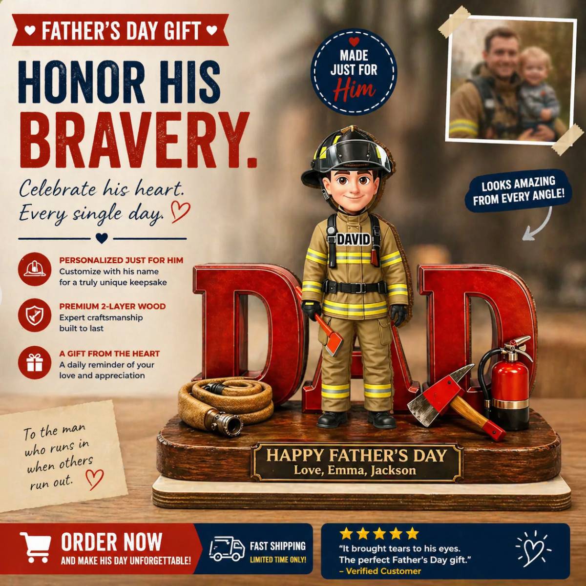 Proud American Firefighter Dad - Personalized 2-Layered Wooden Plaque - Father's Day Gift For Dad