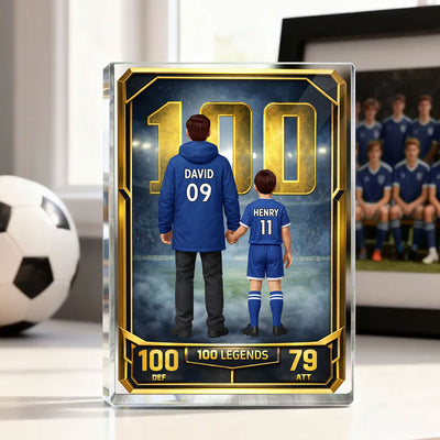 Father And Kids 100 Legends Trading Card - Personalised Acrylic Block Plaque - UK Father's Day Gift For Football Dad