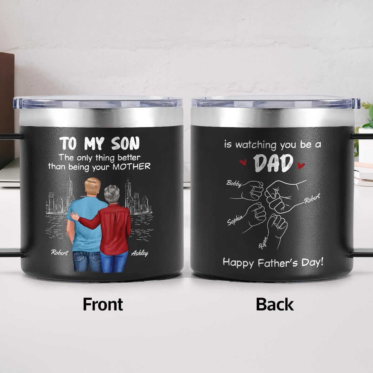 From Mom Dad To Son Watching You Be A Dad Personalized Stainless Steel Tumbler With Handle, Gift For Son