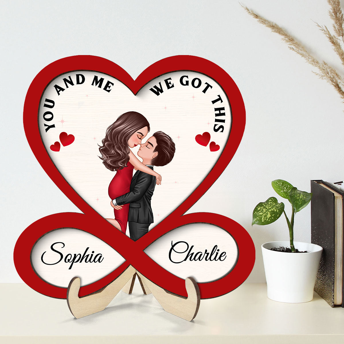 Couple Hugging Kissing Heart Infinity Red Theme Personalized 2-layer Wooden Plaque