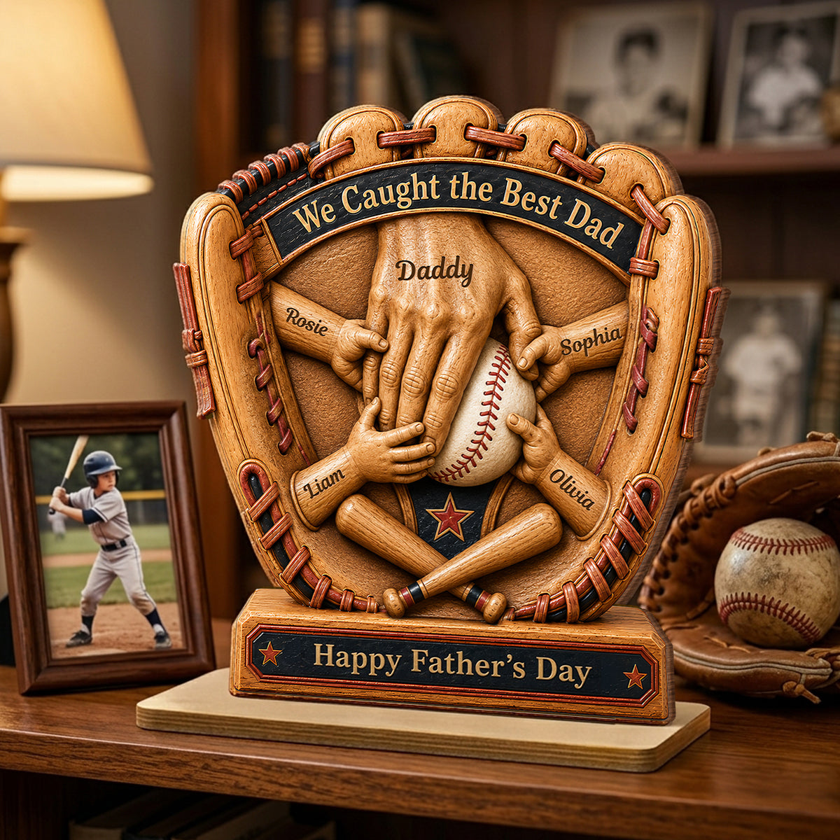 Baseball Glove Dad & Kids' Hands - Personalized 2-Layered Wooden Plaque - Father's Day Gift For Dad, Husband