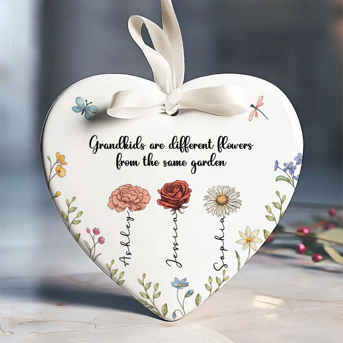 Grandkids Are Different Flowers from the Same Garden Personalized Heart Ornament, Gift for Grandma