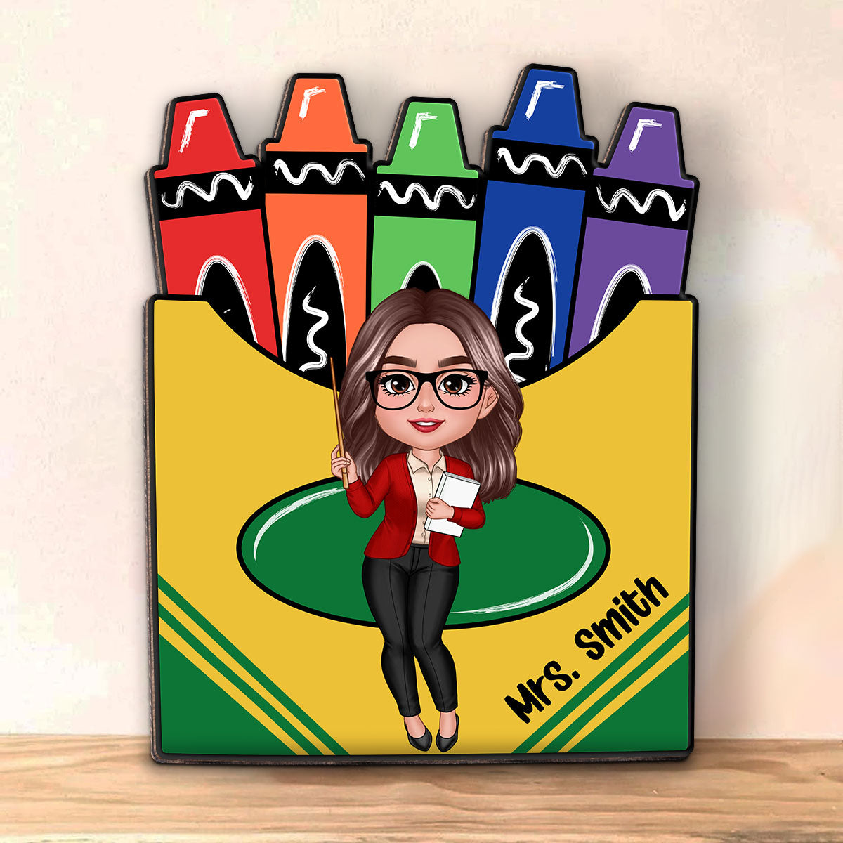 Doll Teacher Crayon Box Personalized Wood Sign, Back To School Gift