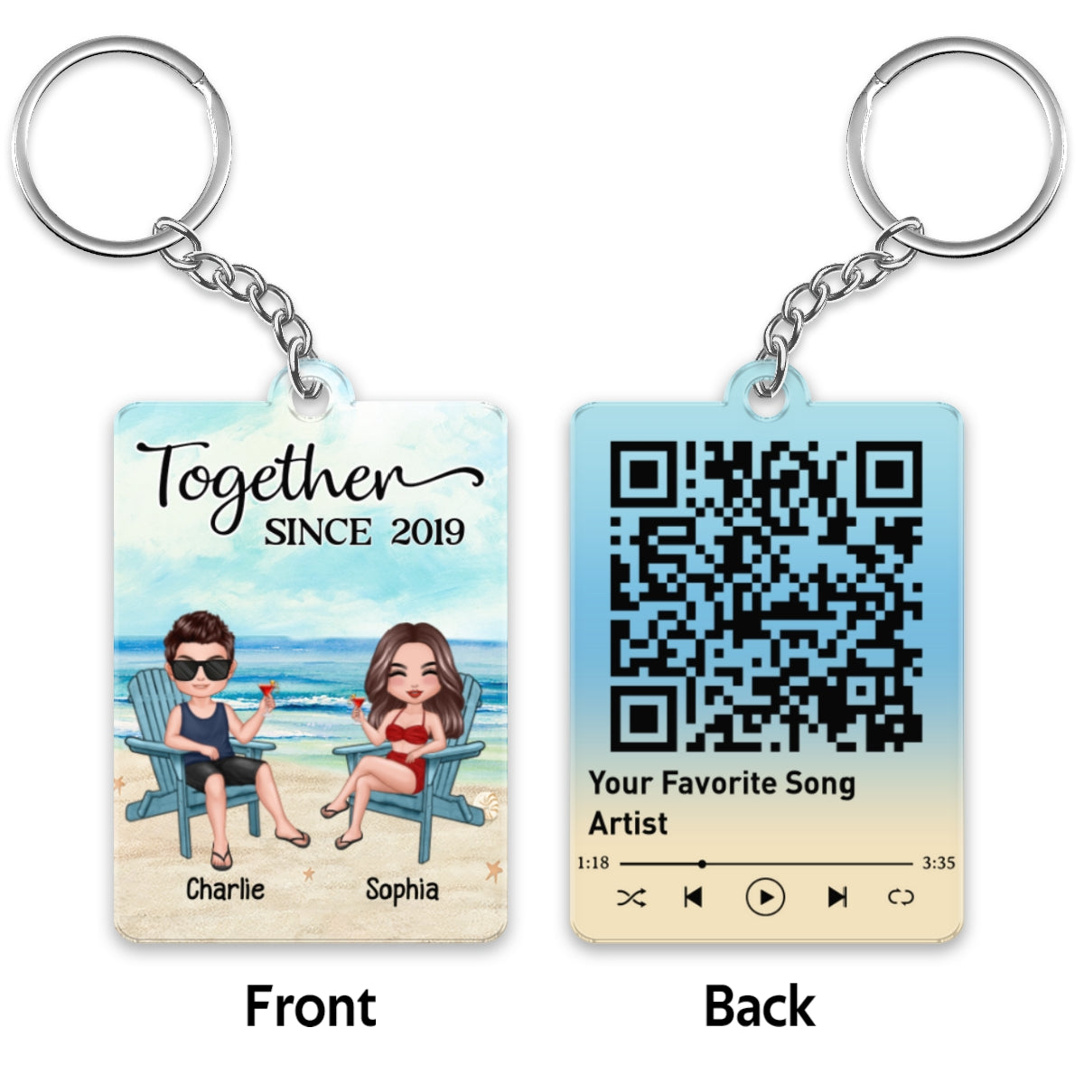 Doll Couple Sitting At Beach Favorite Song Scannable QR Code Personalized Acrylic Keychain